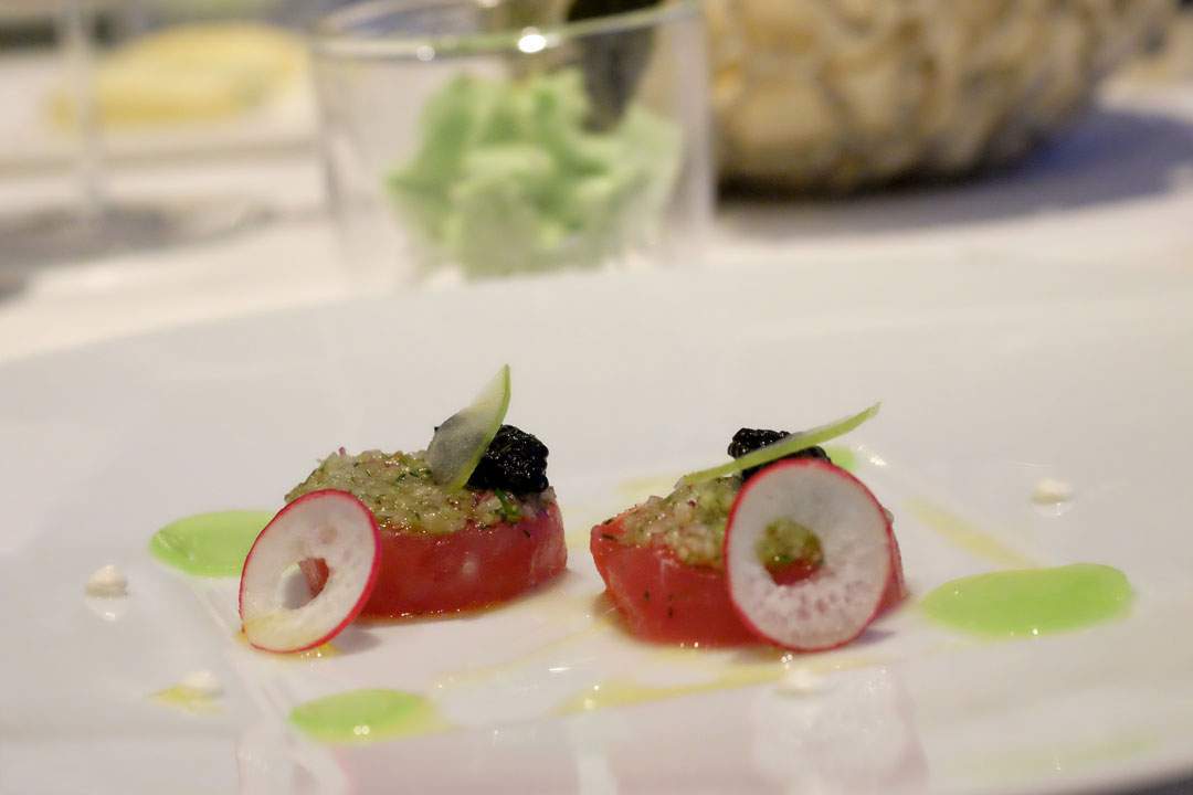 Tuna Gravelax Cured with Vodka and Coriander, Siberian Oscietra Caviar, Green apple, Cucumber and Celery yuzu Jelly.