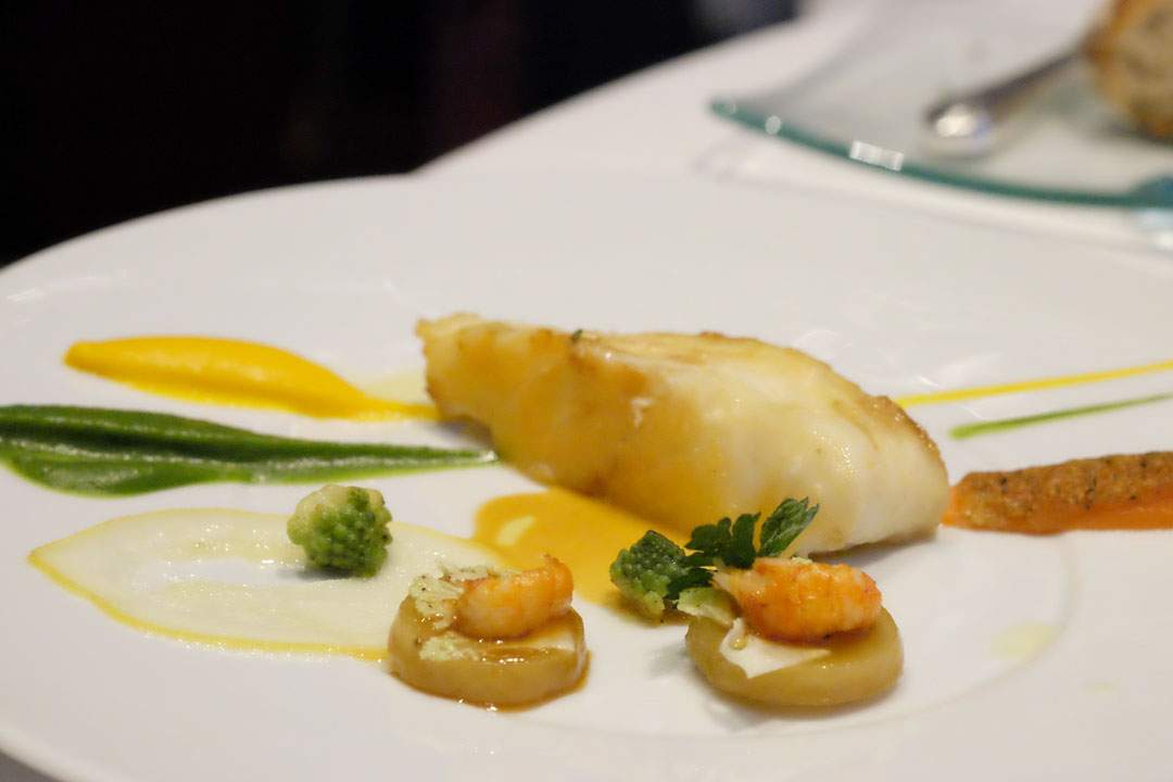 Roasted Atlantic Wild Turbot and Yabbies’ Carrot Gremolata, Romanesco and Sea Urchin Glazed Potatoes, Sweet Spice Jus