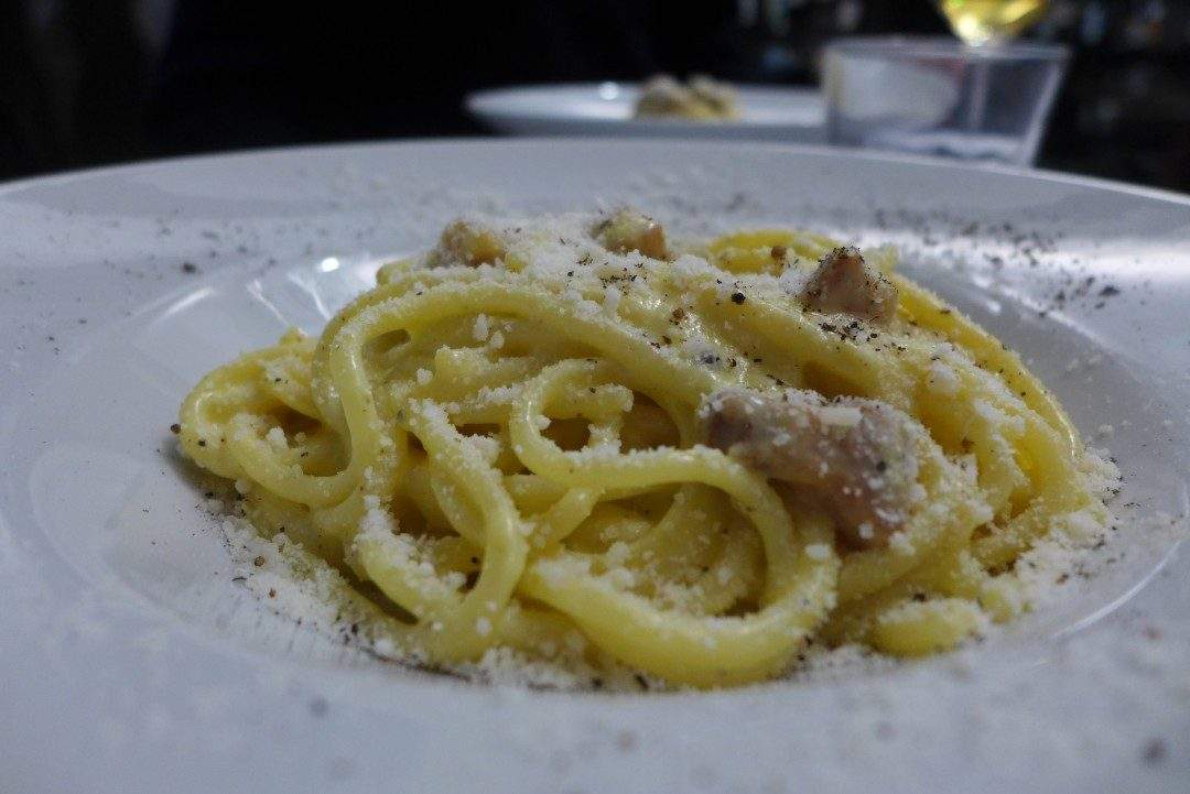 Pasta carbonara på Ristorante Roscioli. Foto: Helle Øder Valebrokk